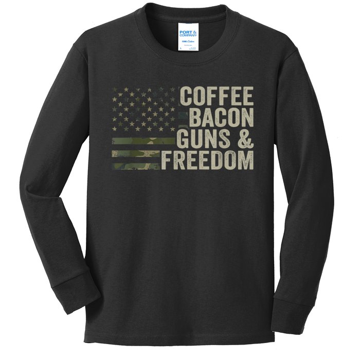 Coffee Bacon Guns & Freedom BBQ Grill Gun Camouflage Flag Kids Long Sleeve Shirt