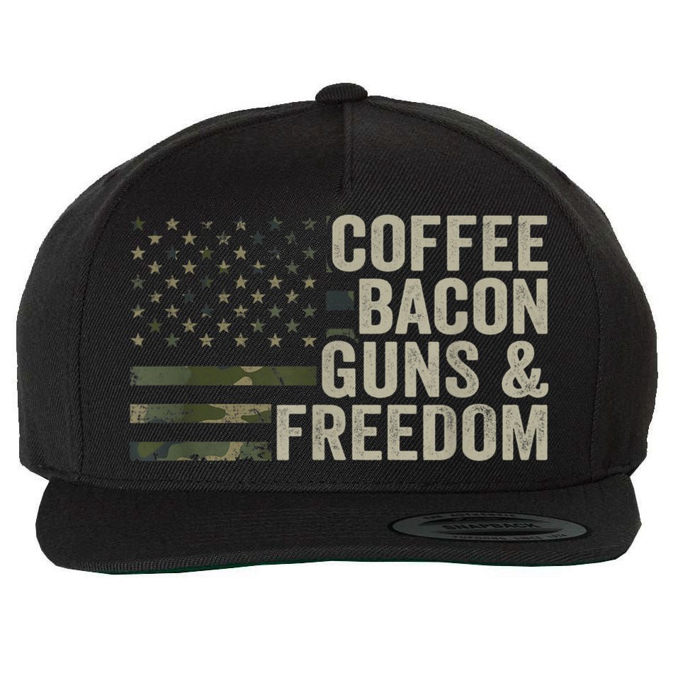Coffee Bacon Guns & Freedom BBQ Grill Gun Camouflage Flag Wool Snapback Cap