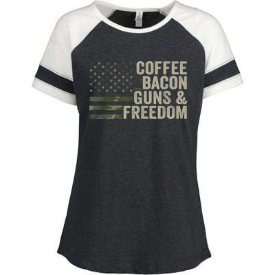 Coffee Bacon Guns & Freedom BBQ Grill Gun Camouflage Flag Enza Ladies Jersey Colorblock Tee