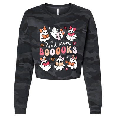 Cute Booooks Ghost Read More Books Library Halloween Teacher Cropped Pullover Crew