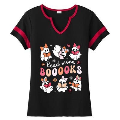 Cute Booooks Ghost Read More Books Library Halloween Teacher Ladies Halftime Notch Neck Tee