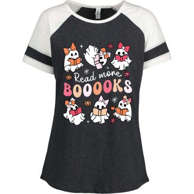 Cute Booooks Ghost Read More Books Library Halloween Teacher Enza Ladies Jersey Colorblock Tee