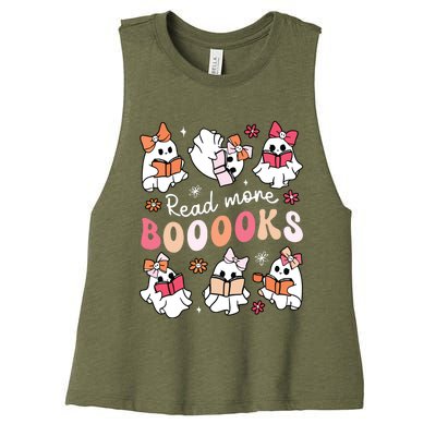 Cute Booooks Ghost Read More Books Library Halloween Teacher Women's Racerback Cropped Tank