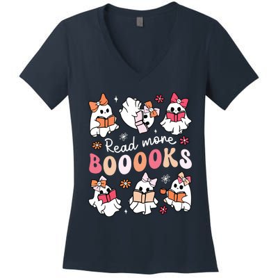 Cute Booooks Ghost Read More Books Library Halloween Teacher Women's V-Neck T-Shirt