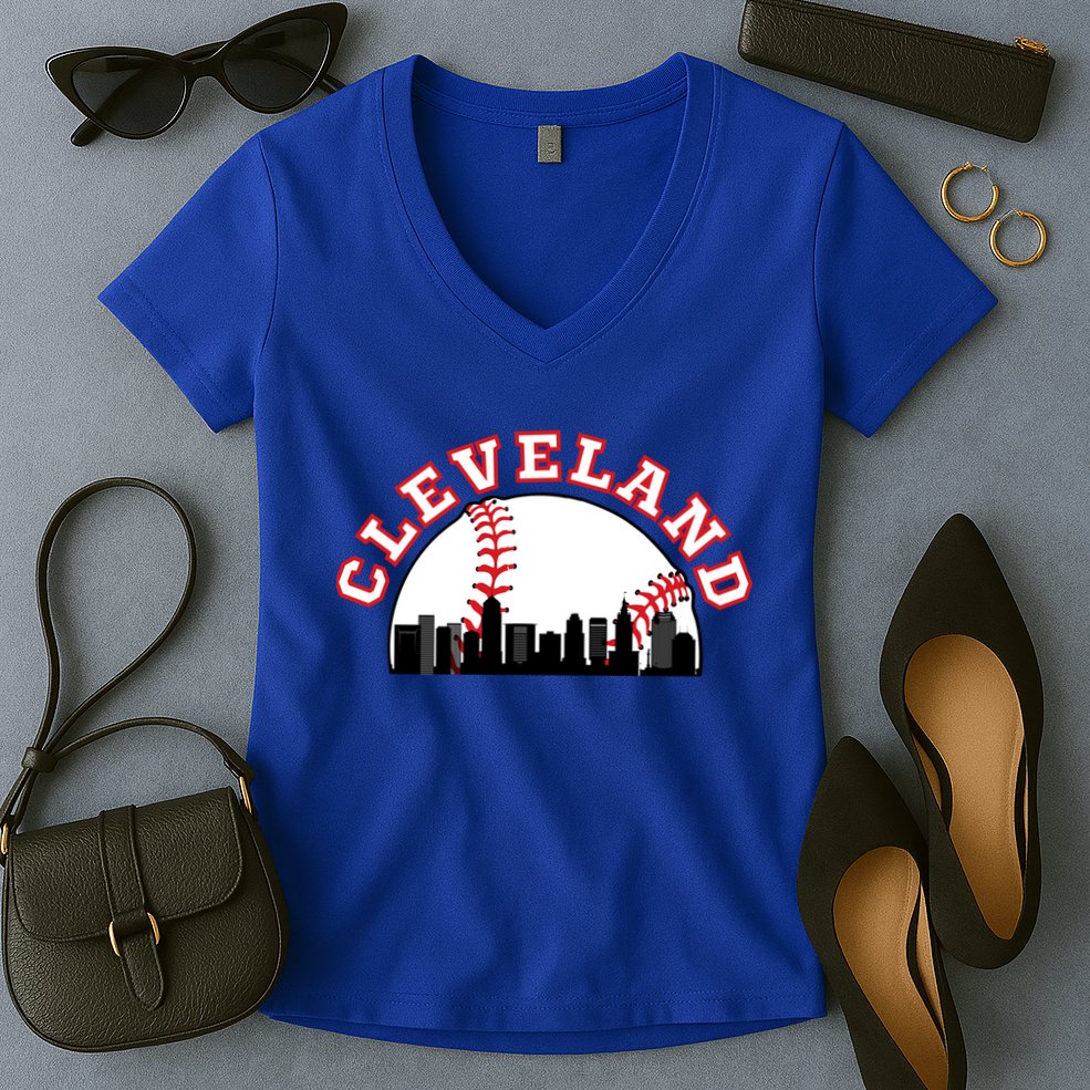 Cleveland Baseball Gift Cleveland Oh Cityscape Cle Skyline Gift Women's V-Neck T-Shirt