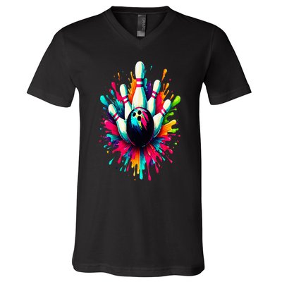 Colorful Bowling Game Day Bowling Cute Colorsplash Ball V-Neck T-Shirt