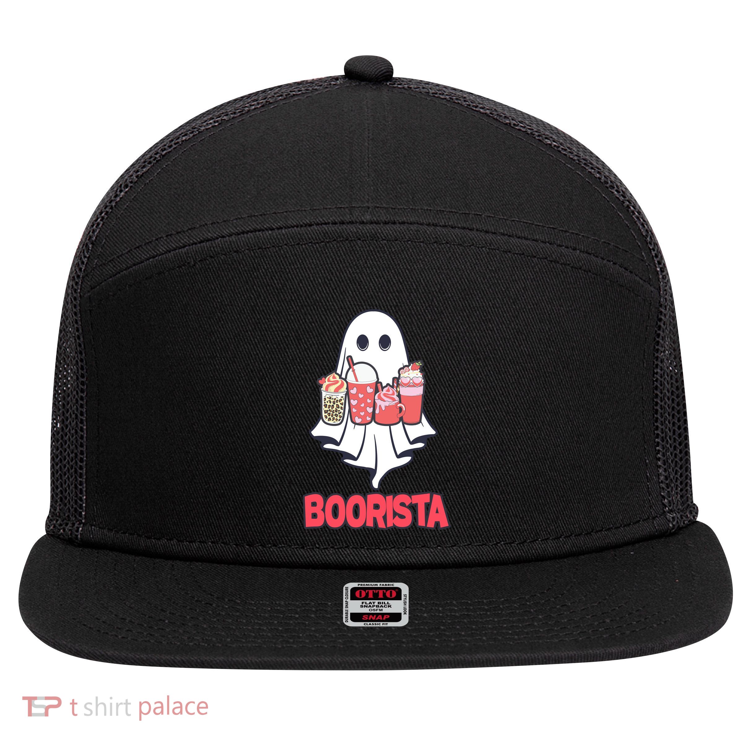Coffee Boorista Ghost Halloween Barista 7 Panel Mesh Trucker Snapback Hat