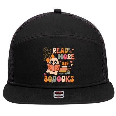 Cute Booooks Ghost Read More Books Funny Teacher Halloween 7 Panel Mesh Trucker Snapback Hat