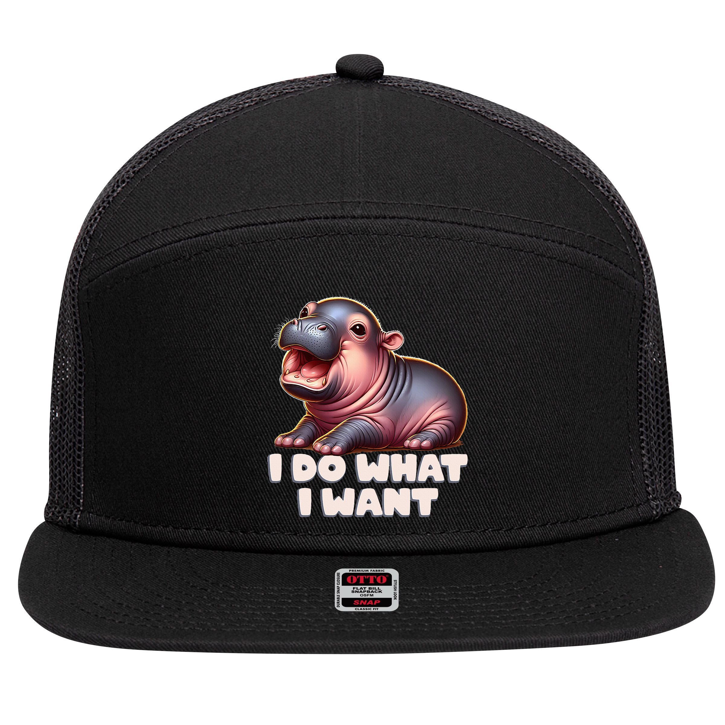 Cute Baby Hippo Moo Deng I Do What I Want 7 Panel Mesh Trucker Snapback Hat