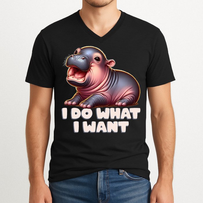 Cute Baby Hippo Moo Deng I Do What I Want V-Neck T-Shirt