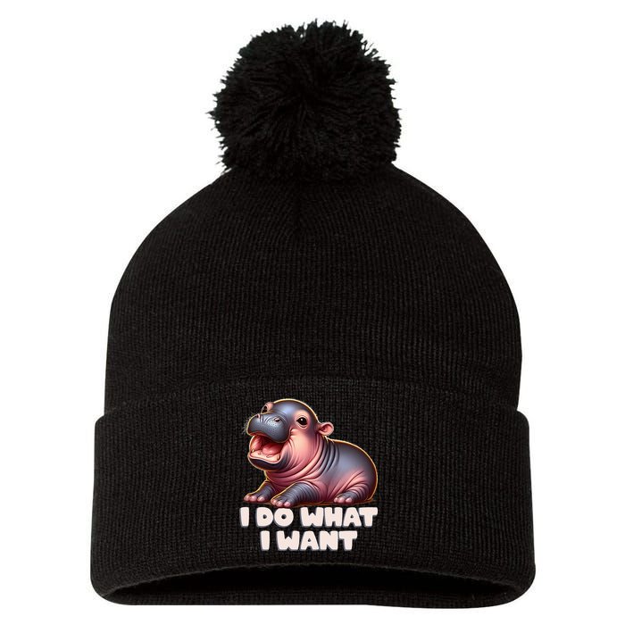Cute Baby Hippo Moo Deng I Do What I Want Pom Pom 12in Knit Beanie
