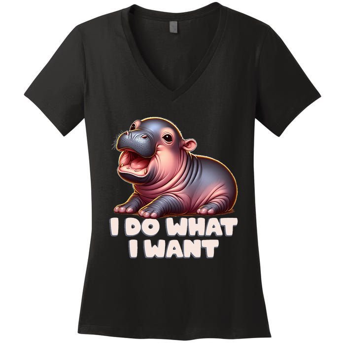 Cute Baby Hippo Moo Deng I Do What I Want Women's V-Neck T-Shirt