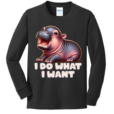 Cute Baby Hippo Moo Deng I Do What I Want Kids Long Sleeve Shirt