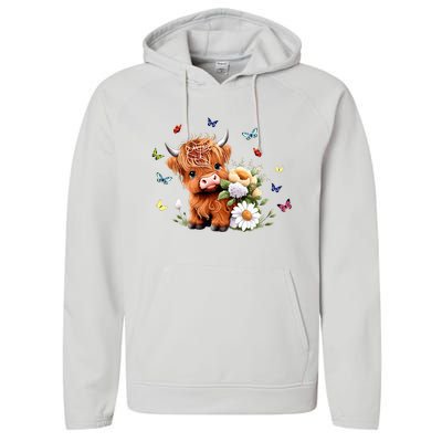 Cute Baby Highland Cow With Flowers Calf Animal Spring Performance Fleece Hoodie