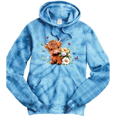 Cute Baby Highland Cow With Flowers Calf Animal Spring Tie Dye Hoodie