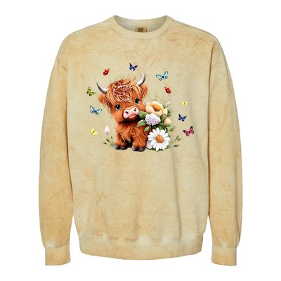 Cute Baby Highland Cow With Flowers Calf Animal Spring Colorblast Crewneck Sweatshirt