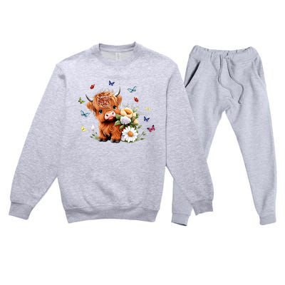 Cute Baby Highland Cow With Flowers Calf Animal Spring Premium Crewneck Sweatsuit Set