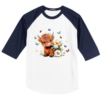 Cute Baby Highland Cow With Flowers Calf Animal Spring Baseball Sleeve Shirt