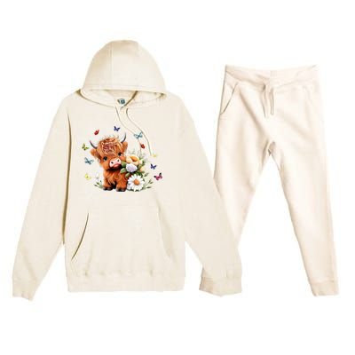 Cute Baby Highland Cow With Flowers Calf Animal Spring Premium Hooded Sweatsuit Set