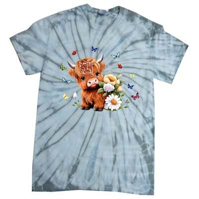 Cute Baby Highland Cow With Flowers Calf Animal Spring Tie-Dye T-Shirt