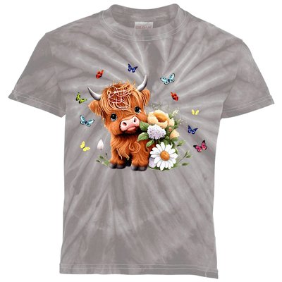 Cute Baby Highland Cow With Flowers Calf Animal Spring Kids Tie-Dye T-Shirt