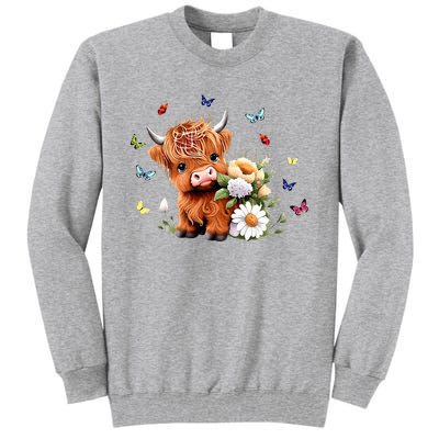 Cute Baby Highland Cow With Flowers Calf Animal Spring Tall Sweatshirt