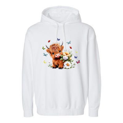 Cute Baby Highland Cow With Flowers Calf Animal Spring Garment-Dyed Fleece Hoodie