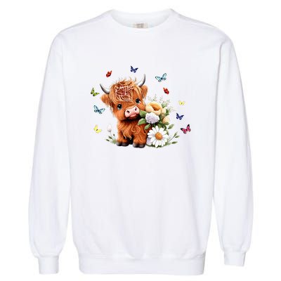 Cute Baby Highland Cow With Flowers Calf Animal Spring Garment-Dyed Sweatshirt