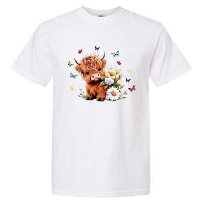 Cute Baby Highland Cow With Flowers Calf Animal Spring Garment-Dyed Heavyweight T-Shirt