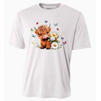 Cute Baby Highland Cow With Flowers Calf Animal Spring Cooling Performance Crew T-Shirt