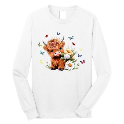 Cute Baby Highland Cow With Flowers Calf Animal Spring Long Sleeve Shirt