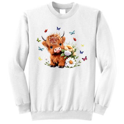 Cute Baby Highland Cow With Flowers Calf Animal Spring Sweatshirt