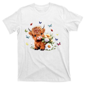 Cute Baby Highland Cow With Flowers Calf Animal Spring T-Shirt