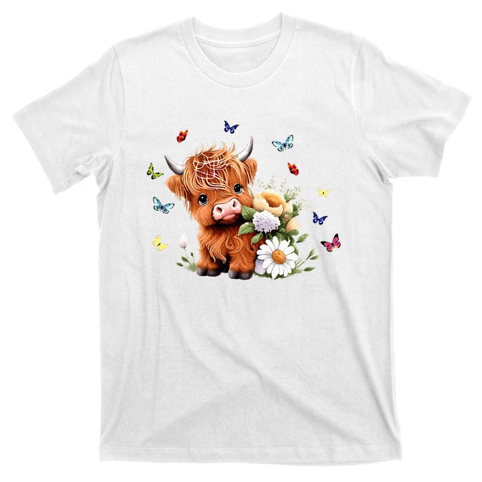 Cute Baby Highland Cow With Flowers Calf Animal Spring T-Shirt