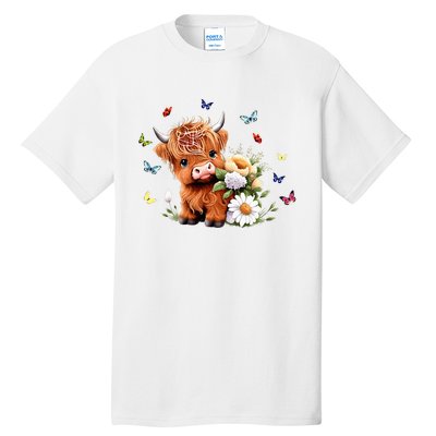 Cute Baby Highland Cow With Flowers Calf Animal Spring Tall T-Shirt