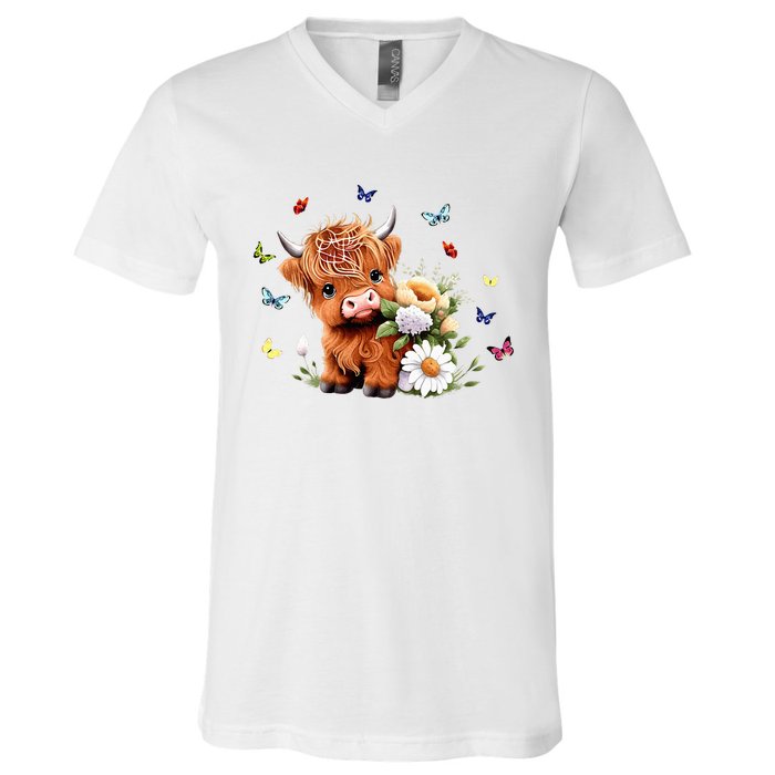 Cute Baby Highland Cow With Flowers Calf Animal Spring V-Neck T-Shirt