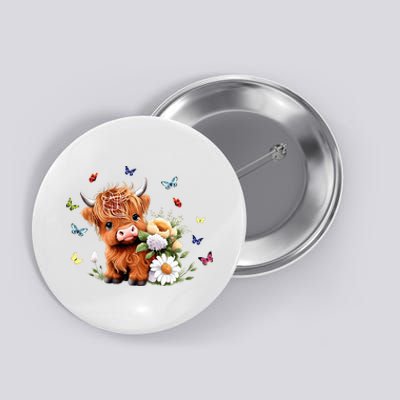 Cute Baby Highland Cow With Flowers Calf Animal Spring Button