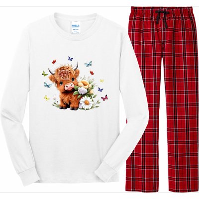 Cute Baby Highland Cow With Flowers Calf Animal Spring Long Sleeve Pajama Set