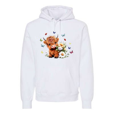 Cute Baby Highland Cow With Flowers Calf Animal Spring Premium Hoodie