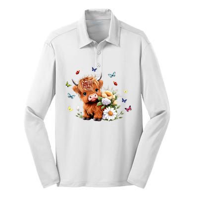 Cute Baby Highland Cow With Flowers Calf Animal Spring Silk Touch Performance Long Sleeve Polo