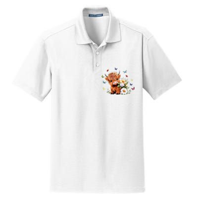 Cute Baby Highland Cow With Flowers Calf Animal Spring Dry Zone Grid Polo