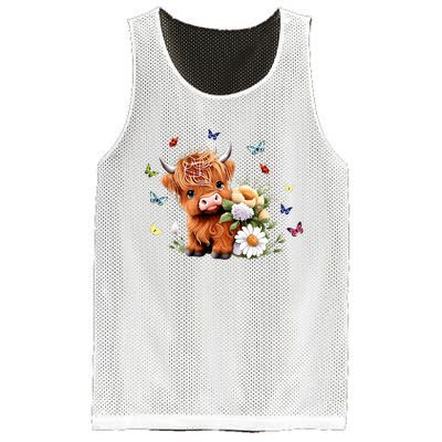 Cute Baby Highland Cow With Flowers Calf Animal Spring Mesh Reversible Basketball Jersey Tank