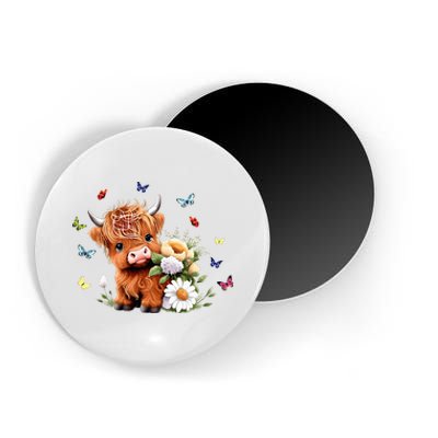 Cute Baby Highland Cow With Flowers Calf Animal Spring Magnet