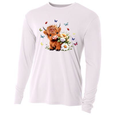 Cute Baby Highland Cow With Flowers Calf Animal Spring Cooling Performance Long Sleeve Crew