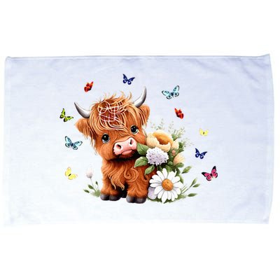 Cute Baby Highland Cow With Flowers Calf Animal Spring Microfiber Hand Towel