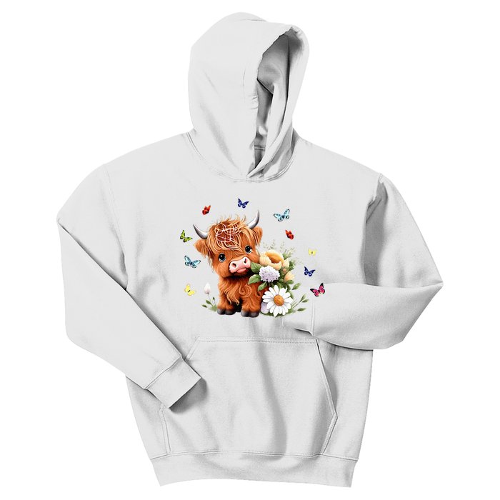 Cute Baby Highland Cow With Flowers Calf Animal Spring Kids Hoodie