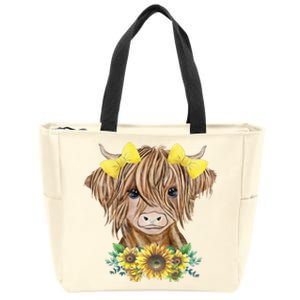 Cute Baby Highland Cow With Sunflowers Calf Animal Farm Zip Tote Bag