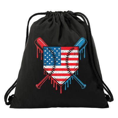 Cool Baseball Home Plate Drip Patriotic 4th Of July Drawstring Bag