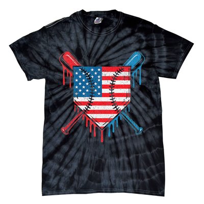 Cool Baseball Home Plate Drip Patriotic 4th Of July Tie-Dye T-Shirt