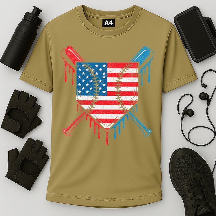 Cool Baseball Home Plate Drip Patriotic 4th Of July Cooling Performance Crew T-Shirt